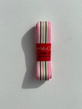 Load image into Gallery viewer, Premium Striped Grosgrain ribbon roll. Stripes include soft pink, cream and dark chocolate brown. Available in 2.5 metre rolls for stylish gift wrapping.