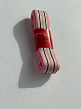 Load image into Gallery viewer, Premium Striped Grosgrain ribbon roll. Stripes include soft pink, cream and dark chocolate brown. Available in 2.5 metre rolls for stylish gift wrapping.
