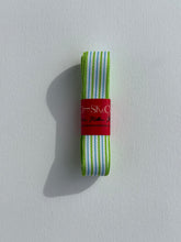 Load image into Gallery viewer, Premium Striped Grosgrain ribbon roll. Stripes include tropical tones - greens, whites, and blue. Available in 2.5 metre rolls for stylish gift wrapping.