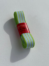 Load image into Gallery viewer, Premium Striped Grosgrain ribbon roll. Stripes include tropical tones - greens, whites, and blue. Available in 2.5 metre rolls for stylish gift wrapping.