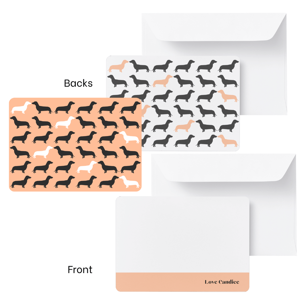 Personalised notecard & plain envelope set featuring a Dachshund dog silhouette repeating pattern. 