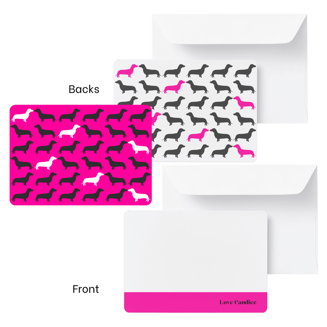 Personalised notecard & plain envelope set featuring a Dachshund dog silhouette repeating pattern. 