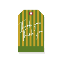 Load image into Gallery viewer, Cabana Club gift tag in olive-mustard-stripe with "Thank you"printed on textured paper
