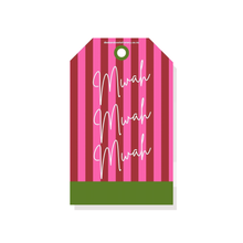 Load image into Gallery viewer, Cabana Club gift tag in raspberry-pink-stripe with "Mwah" printed on textured paper
