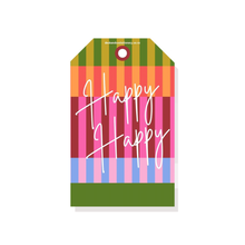 Load image into Gallery viewer, Cabana Club gift tag in multi-stripe with "Happy Happy" printed on textured paper
