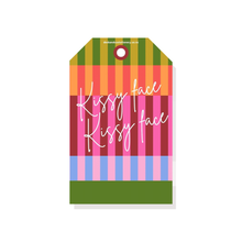 Load image into Gallery viewer, Cabana Club gift tag in multi-stripe with "Kissy face" printed on textured paper
