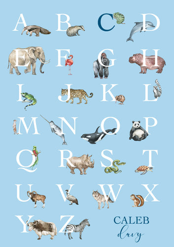 Personalised Kids' Animal Alphabet Poster in a soft blue colour. Featuring watercolour animals corresponding to the alphabet. Personalised with a child's full name.