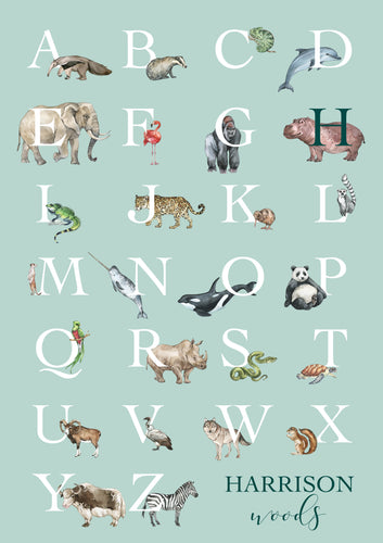 Personalised Kids' Animal Alphabet Poster in a soft green colour. Featuring watercolour animals corresponding to the alphabet. Personalised with a child's full name.