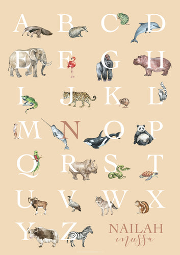 Personalised Kids' Animal Alphabet Poster in a neutral, sand colour. Featuring watercolour animals corresponding to the alphabet. Personalised with a child's full name.