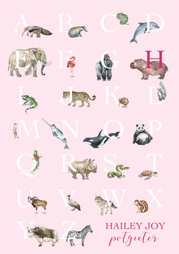Personalised Kids' Animal Alphabet Poster in a neutral, sand colour. Featuring watercolour animals corresponding to the alphabet. Personalised with a child's full name.