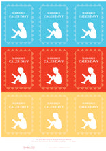 Load image into Gallery viewer, Kids&#39; Bookplate Labels featuring a young boy reading a book. Set of 18 labels in blue, red and yellow colours, personalised with a child&#39;s name.
