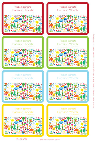 Kids' Bookplate Labels featuring a young child's doodles and drawings. Set of 18 labels with red, green, blue  and yellow borders, personalised with a child's name.