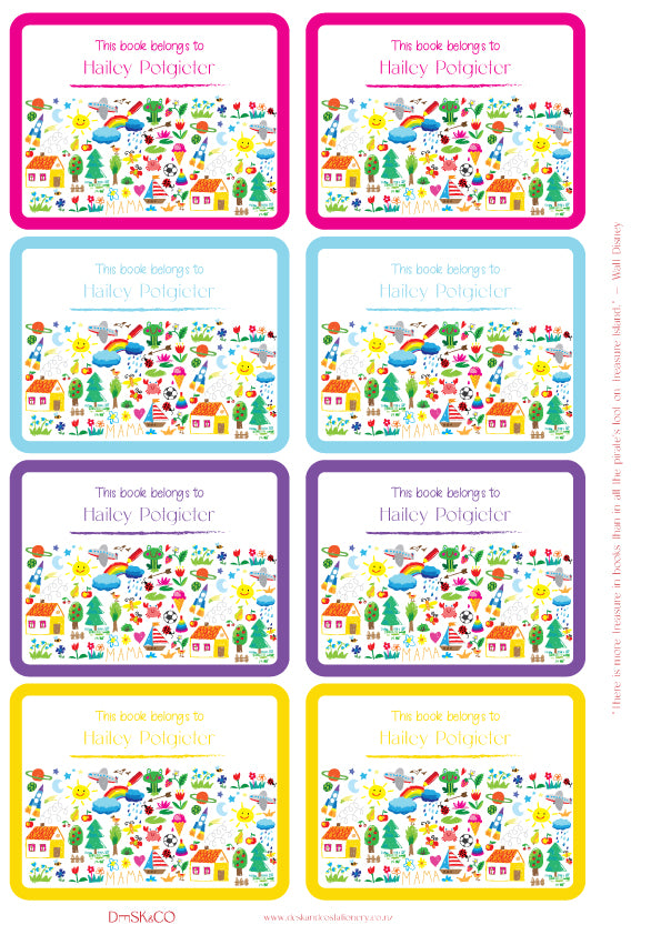 Kids' Bookplate Labels featuring a young child's doodles and drawings. Set of 18 labels with pink, blue, purple  and yellow borders, personalised with a child's name.