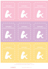 Load image into Gallery viewer, Kids&#39; Bookplate Labels featuring a young girl reading a book. Set of 18 labels in soft pink, purple and yellow colours, personalised with a child&#39;s name.
