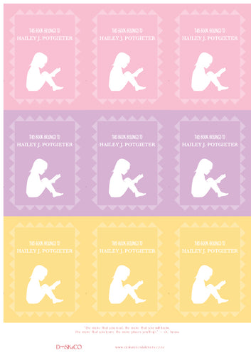 Kids' Bookplate Labels featuring a young girl reading a book. Set of 18 labels in soft pink, purple and yellow colours, personalised with a child's name.