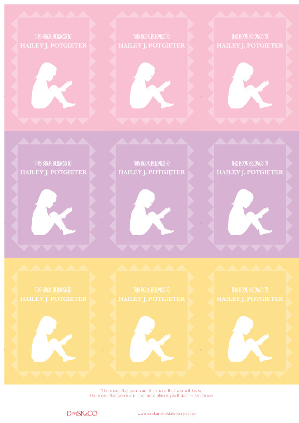 Kids' Bookplate Labels featuring a young girl reading a book. Set of 18 labels in soft pink, purple and yellow colours, personalised with a child's name.