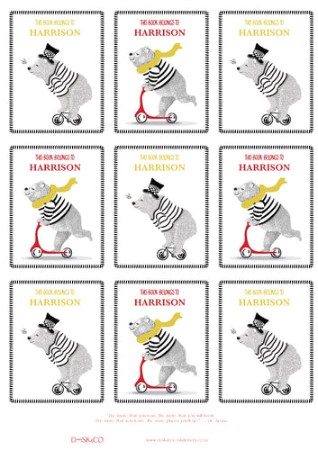 Kids' Bookplate Labels featuring silly bears riding on a bicycle and scooter. Set of 18 labels in black, white, red, and yellow colours. Personalised with a child's name.