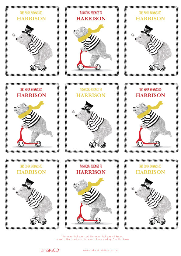 Kids' Bookplate Labels featuring silly bears riding on a bicycle and scooter. Set of 18 labels in black, white, red, and yellow colours. Personalised with a child's name.